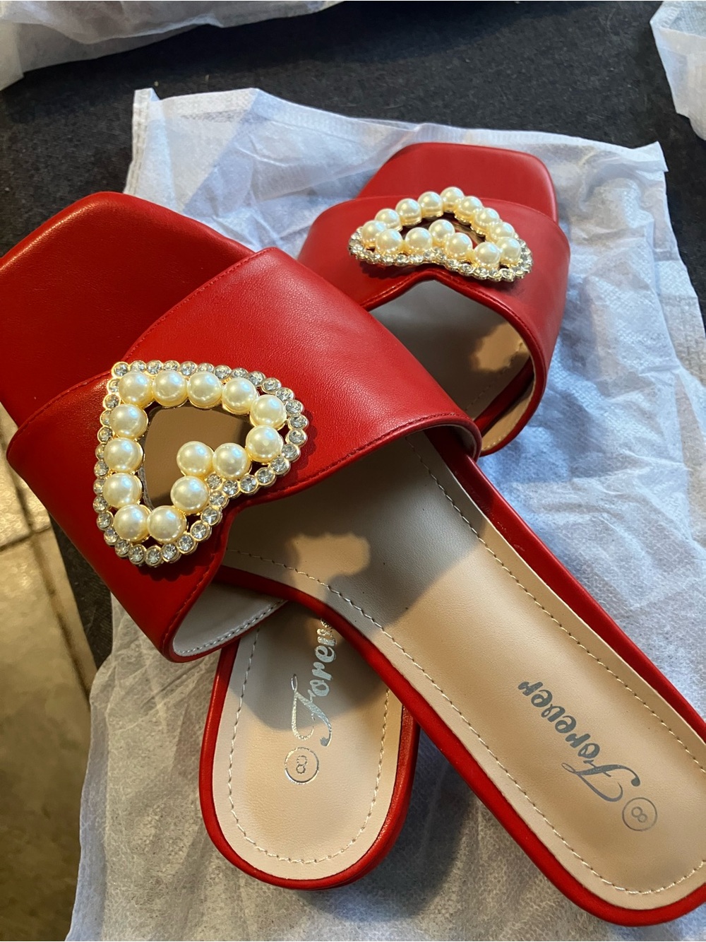Forever 21 Red Pearl Heart Slide Sandals - Women's Slip-On